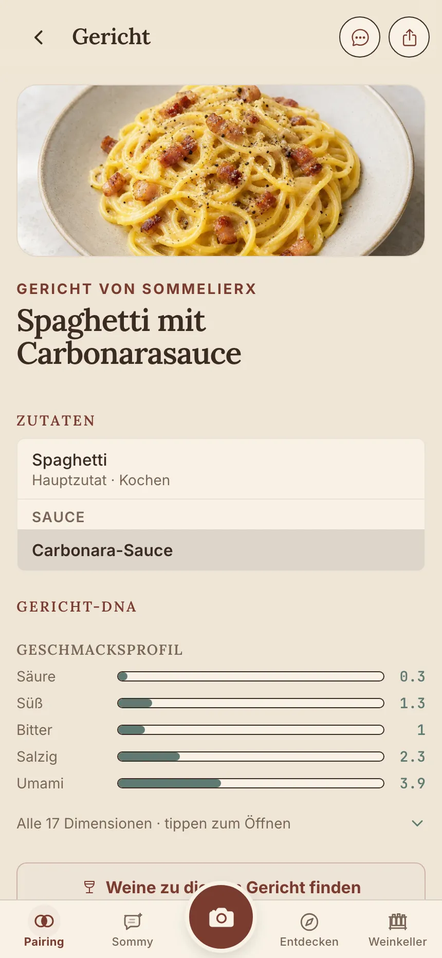 Gerichtseite in der App mit dem Geschmacksprofil von Spaghetti Carbonara
