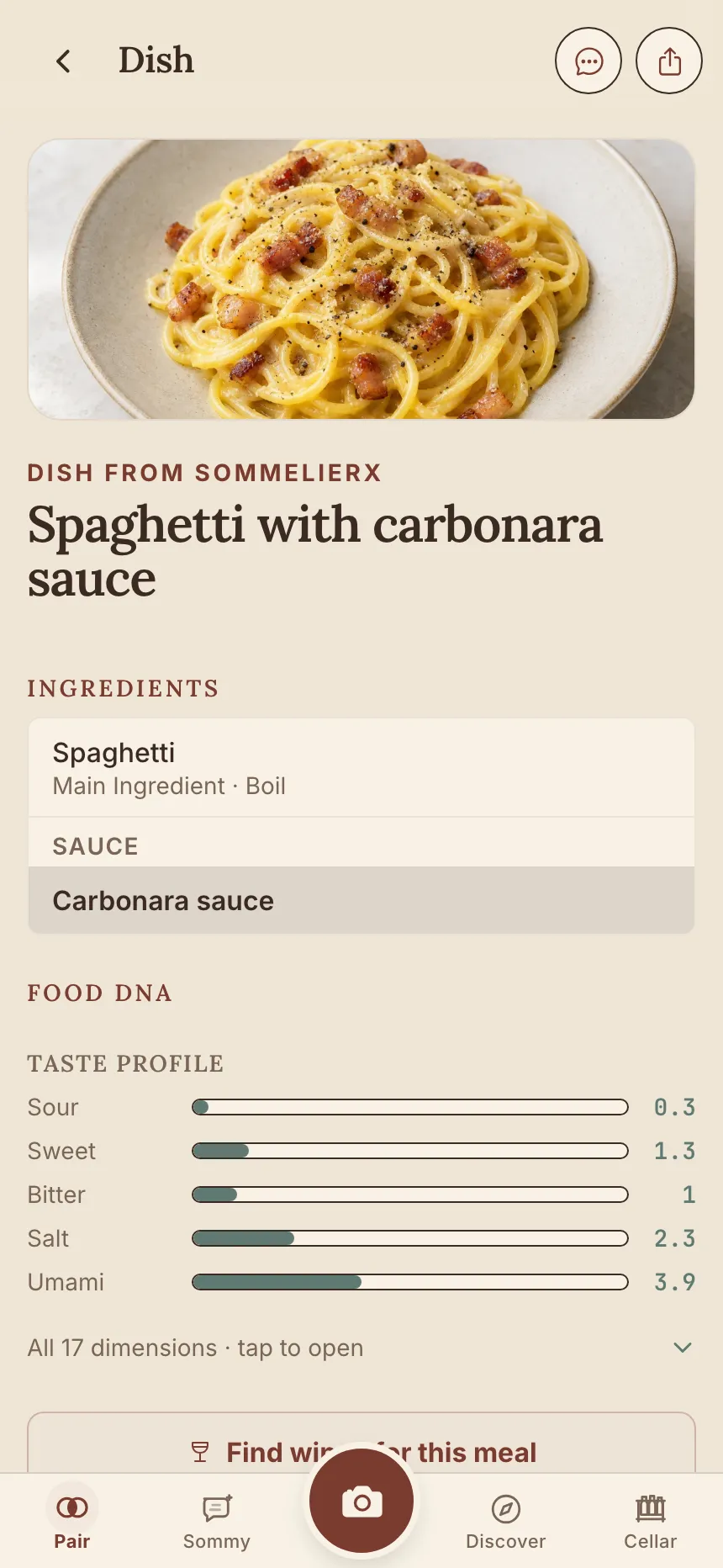 Dish page in the app with the flavour profile of spaghetti carbonara