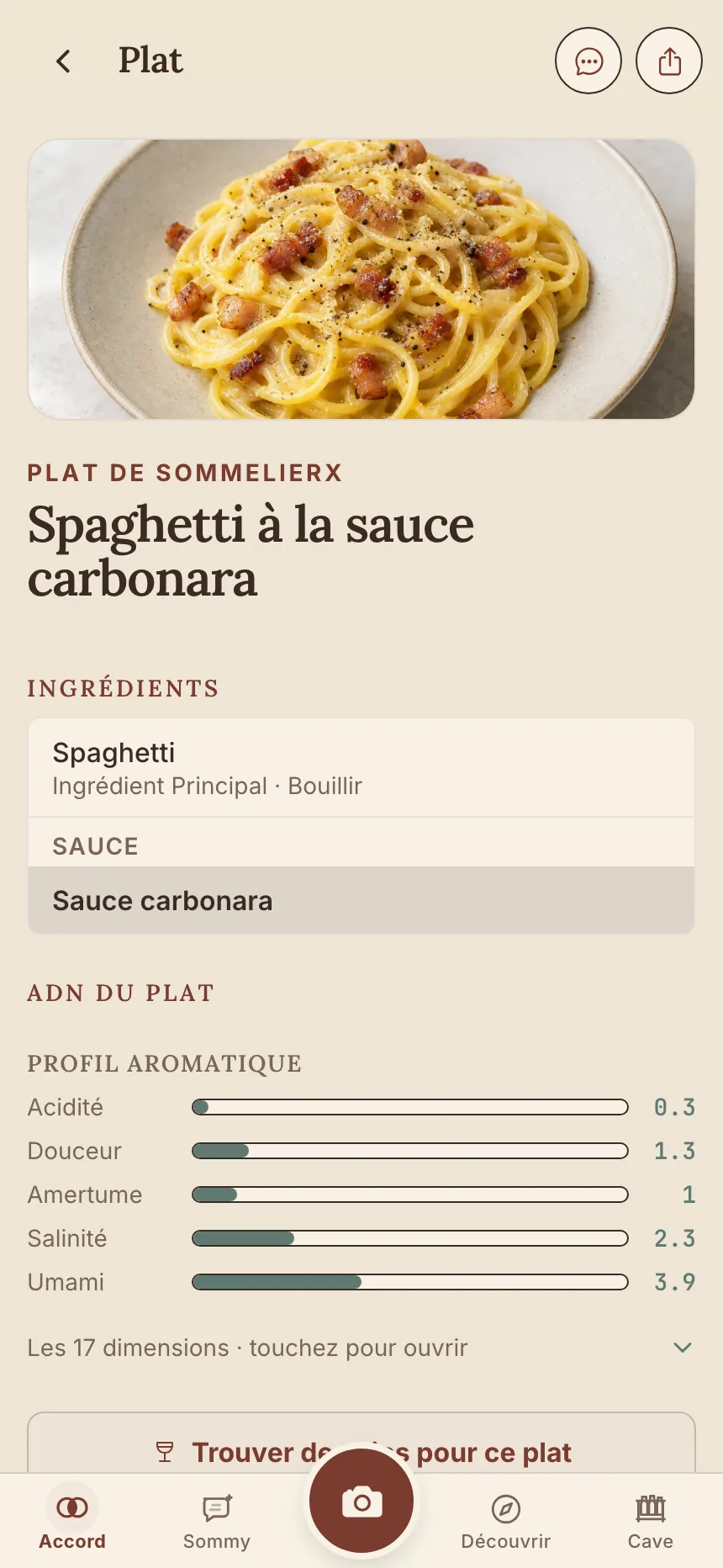 Page du plat dans l’app avec le profil de goût des spaghetti carbonara
