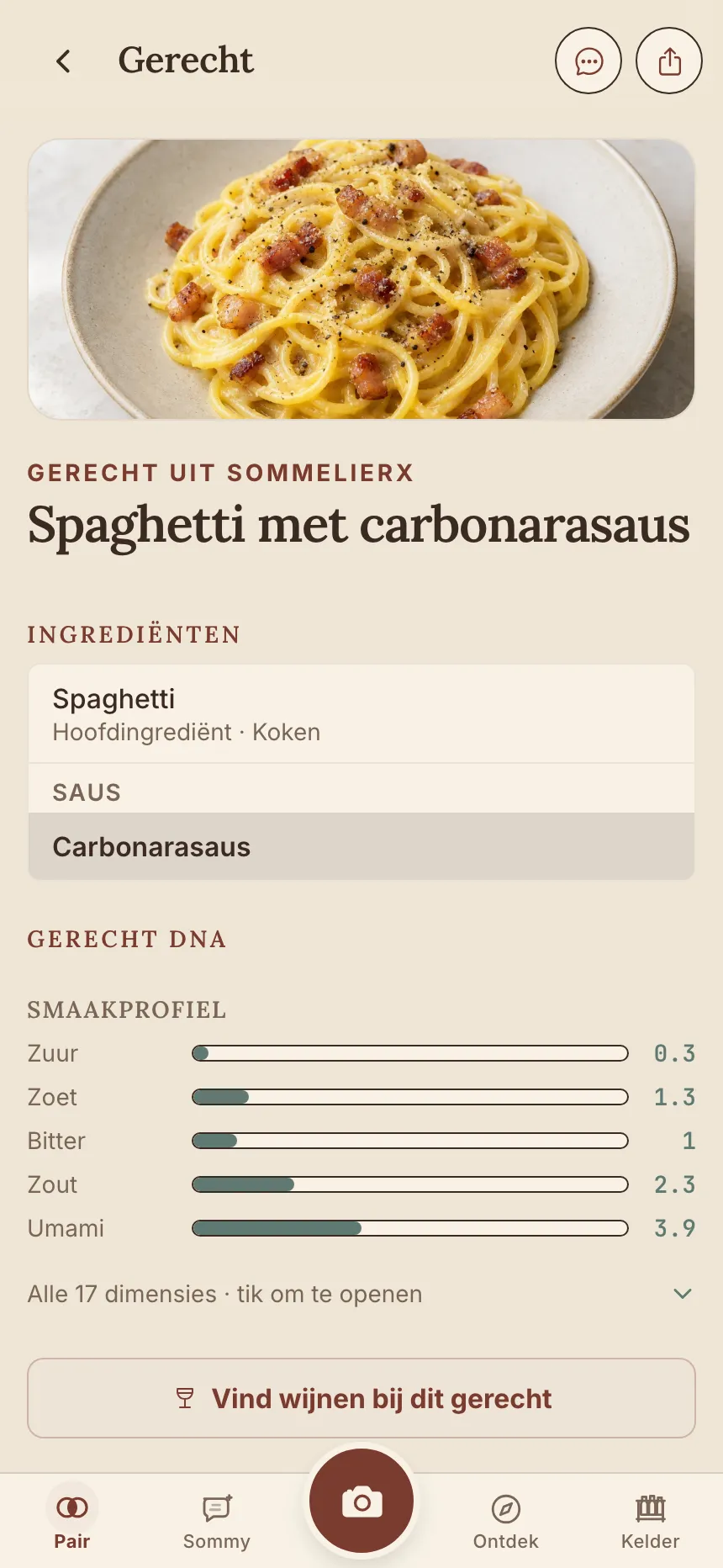 Gerechtpagina in de app met het smaakprofiel van spaghetti carbonara