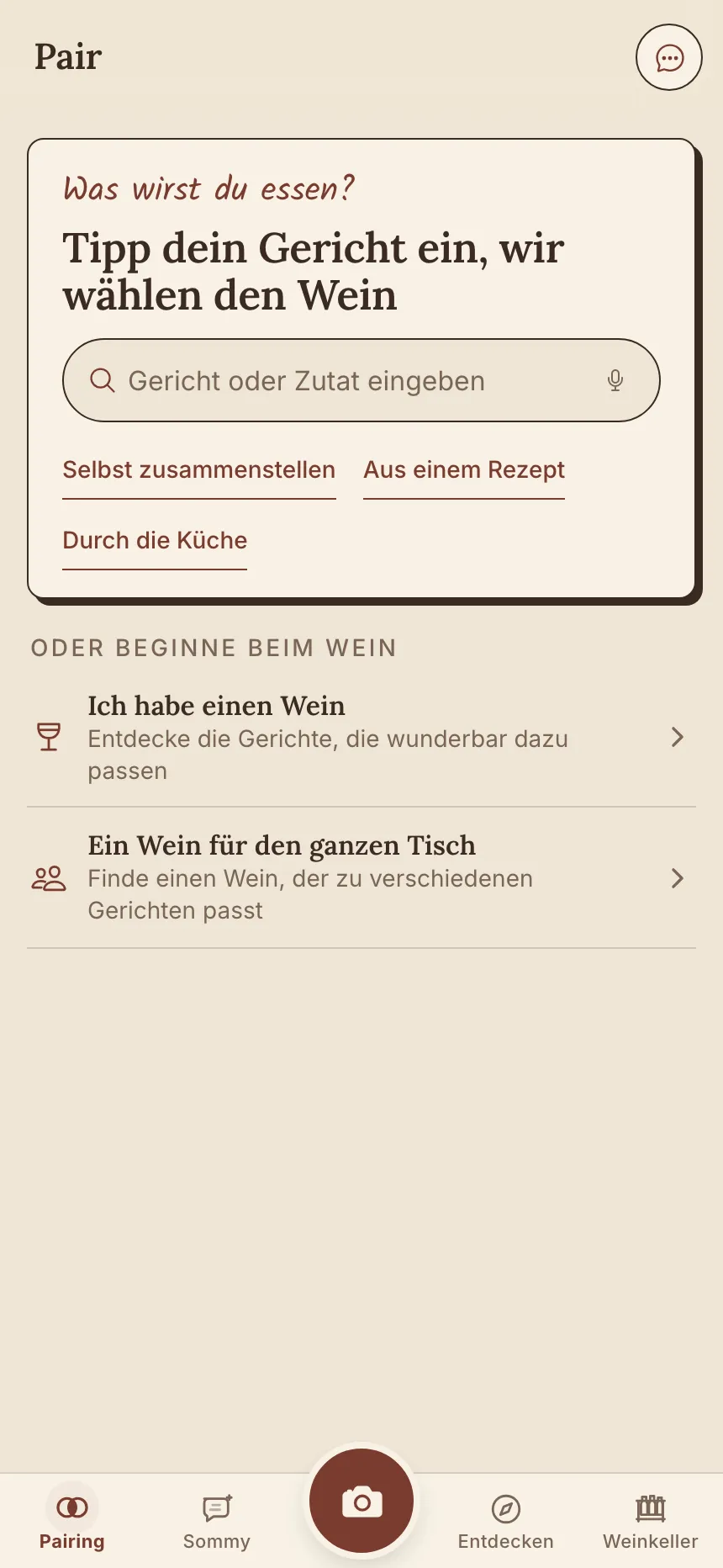 Pair-Bildschirm der SommelierX-App: Gericht eingeben, wir wählen den Wein
