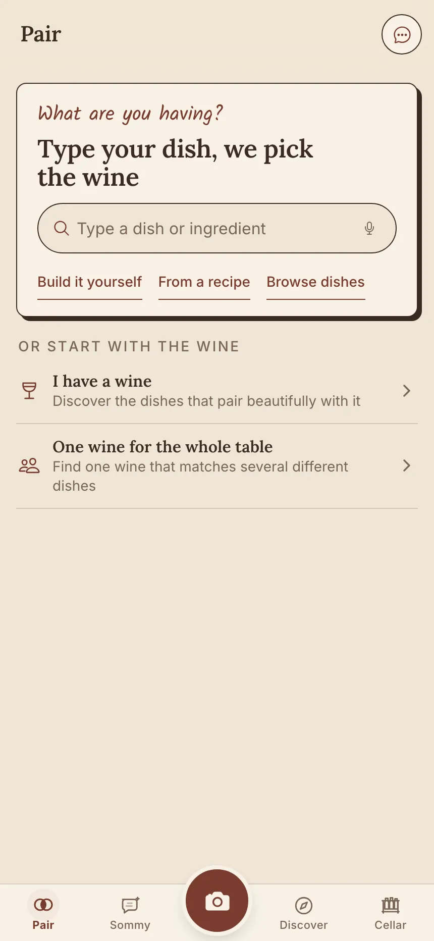SommelierX app Pair screen: type your dish, we pick the wine
