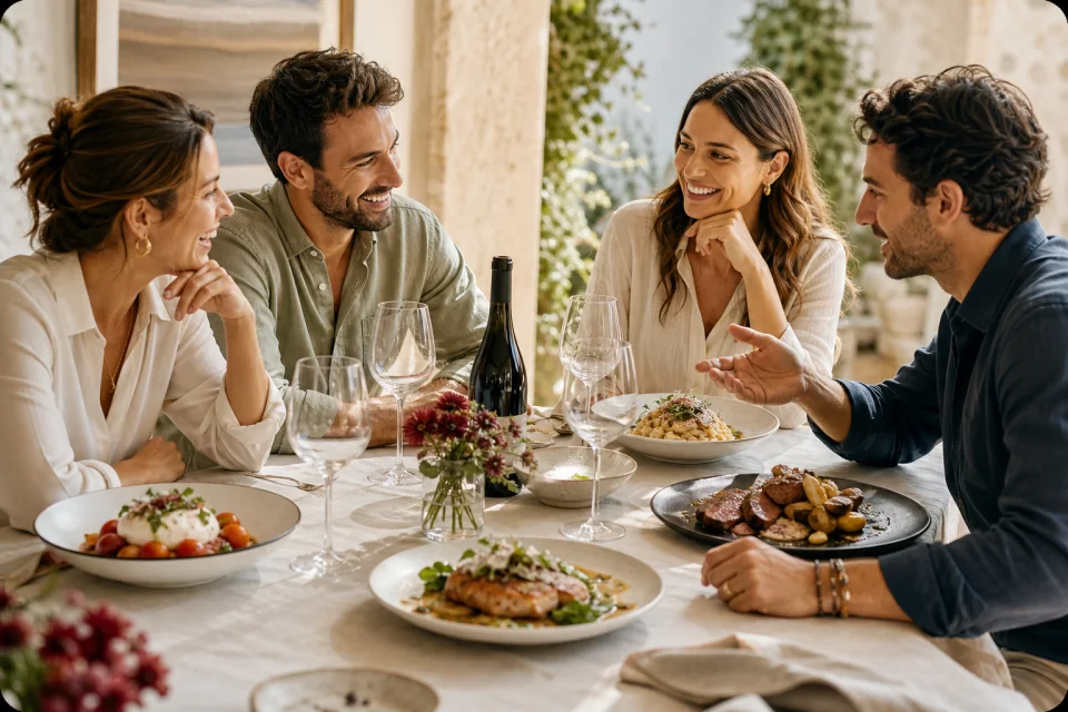 Friends enjoy wine together around the table