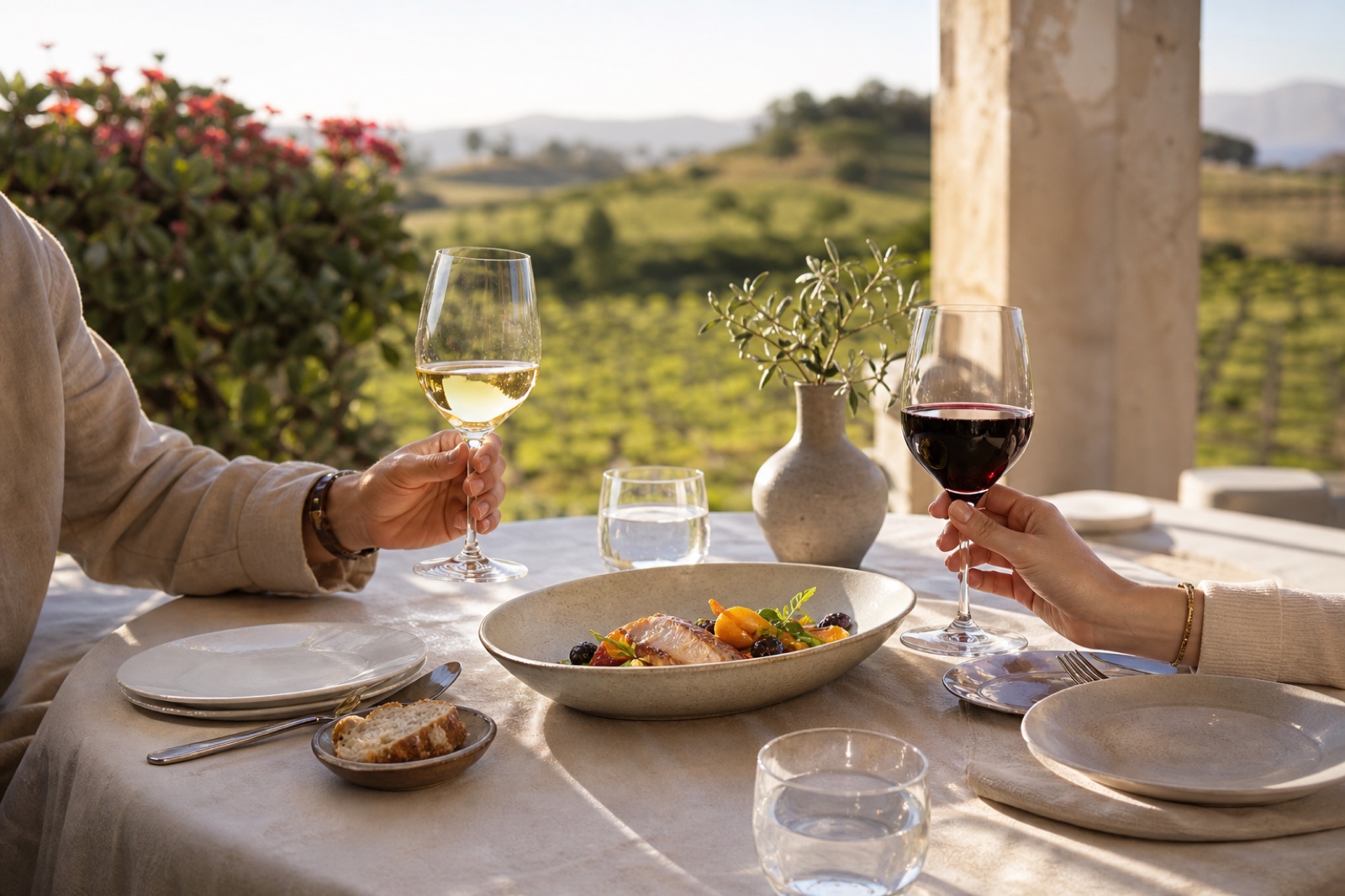 A bright and inviting table with wine