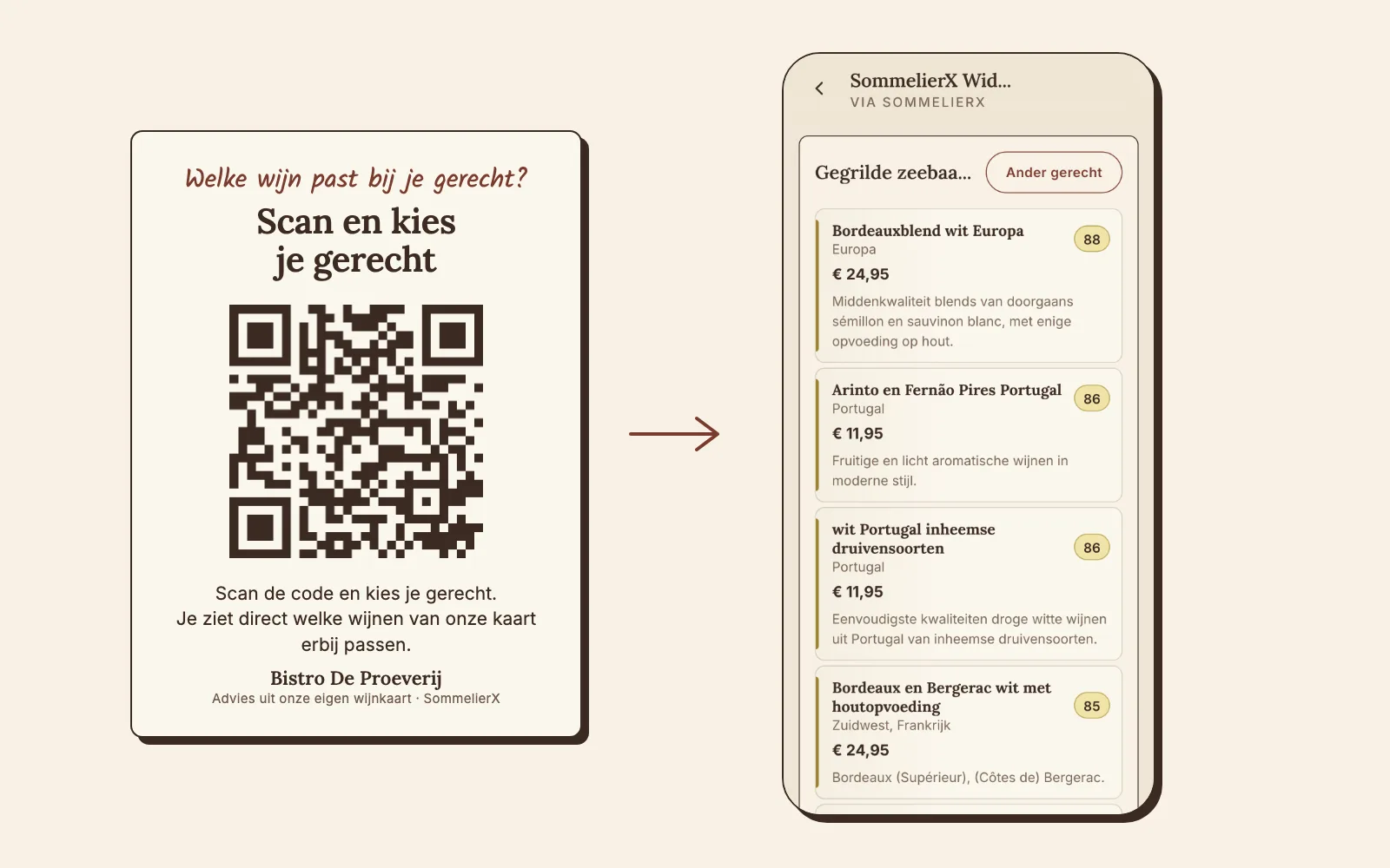 Tafelkaartje met QR-code naast een telefoon met wijnadvies voor gegrilde zeebaars