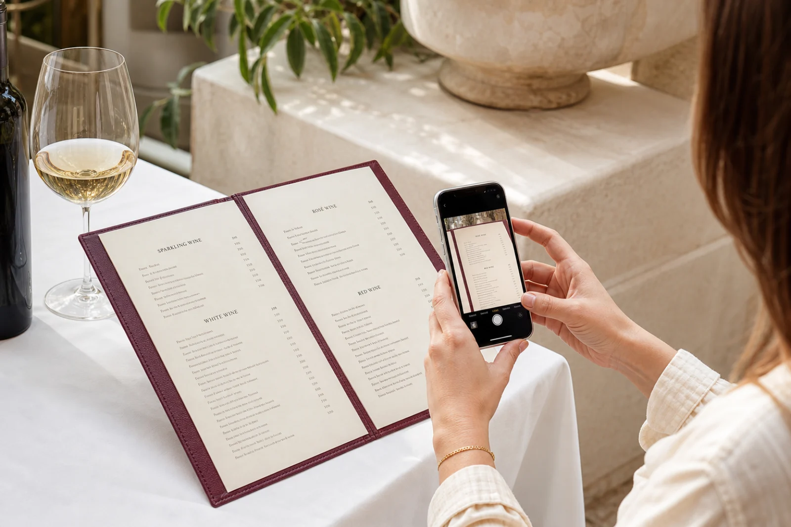 Een sommelier bestudeert een wijnkaart in een licht restaurant