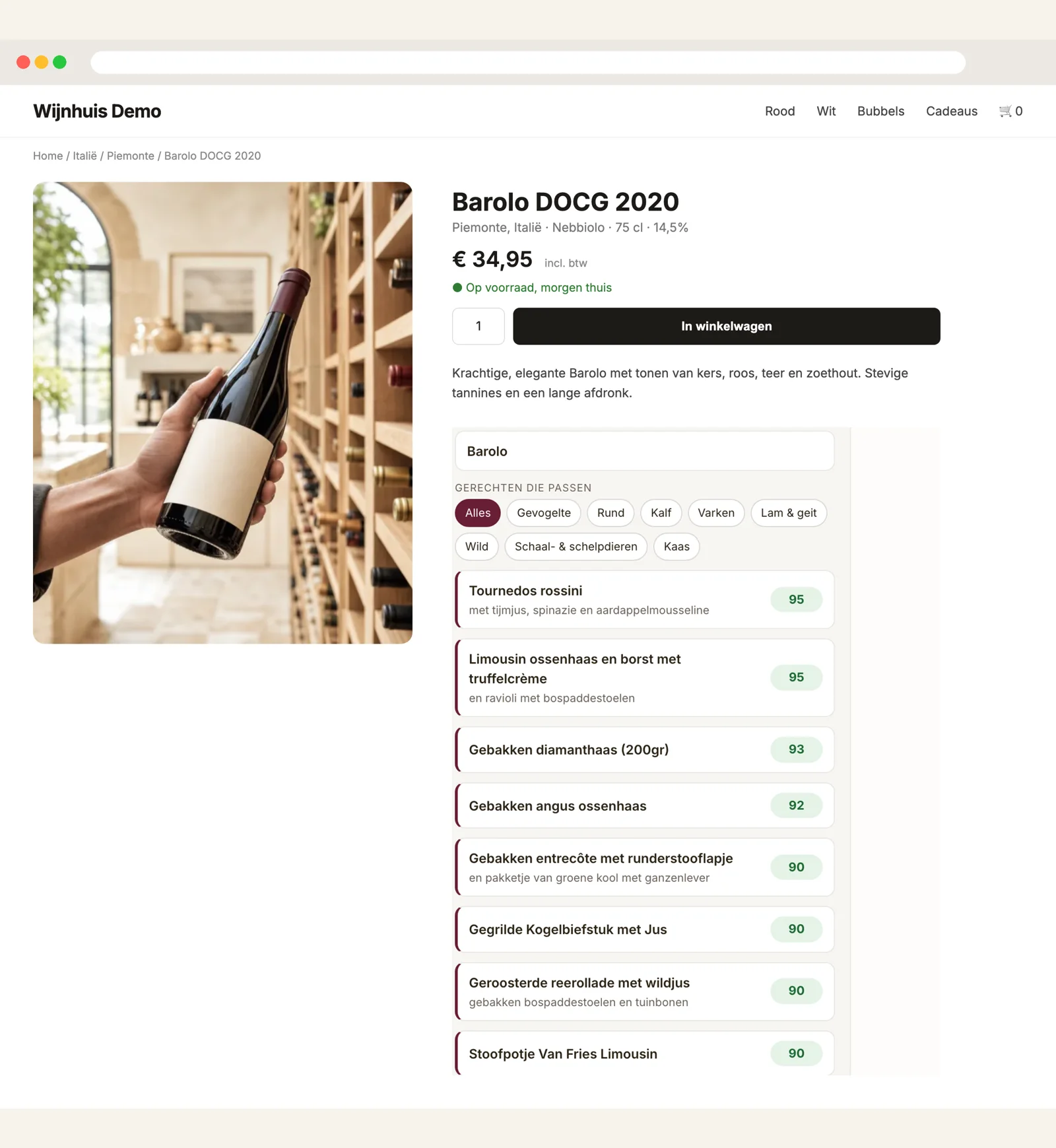Wine shop product page with the SommelierX widget showing matching dishes for a Barolo